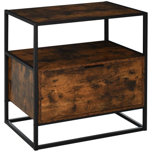 Industrial Style Side Table with Drawer Open Shelf Steel Frame