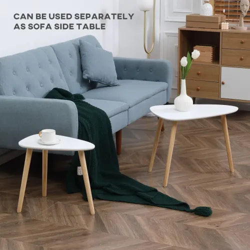 Side Table Nested Coffee Table with Solid Wood Legs in White - Set of 2