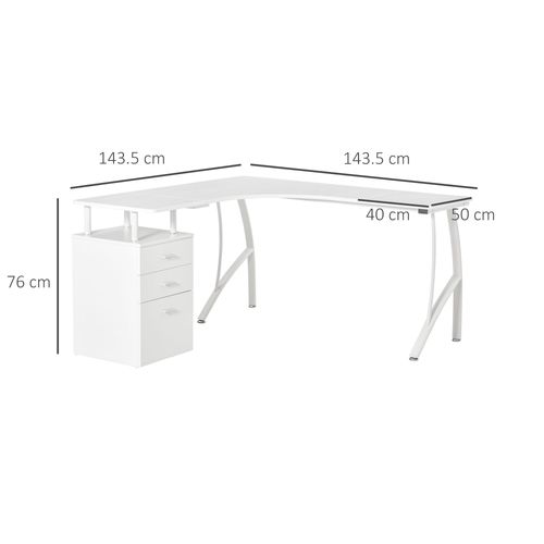 L-Shaped Corner PC Desk Table with Drawer in White