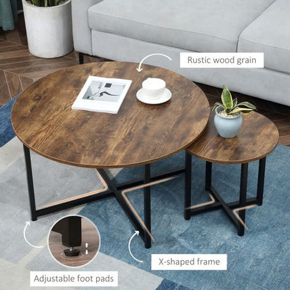 Round Coffee Table with Metal Frame Side Accent Brown - 2 Pcs
