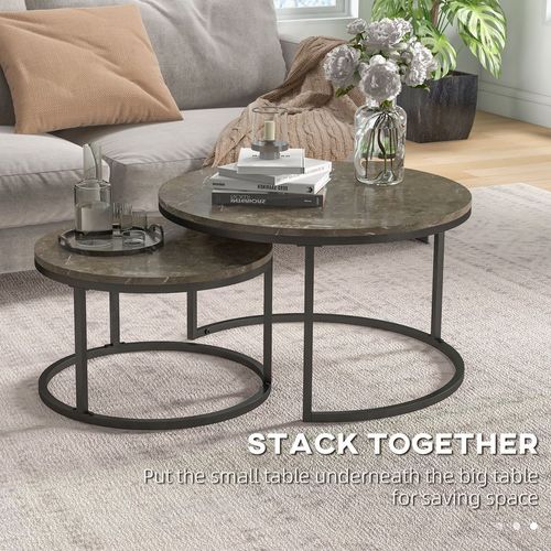 Stacking Coffee Table Set Steel Frame Marble - Effect Top - 2 Pcs