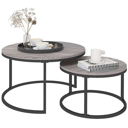 Stacking Coffee Table Set Steel Frame Wood Effect Top - 2 Pcs