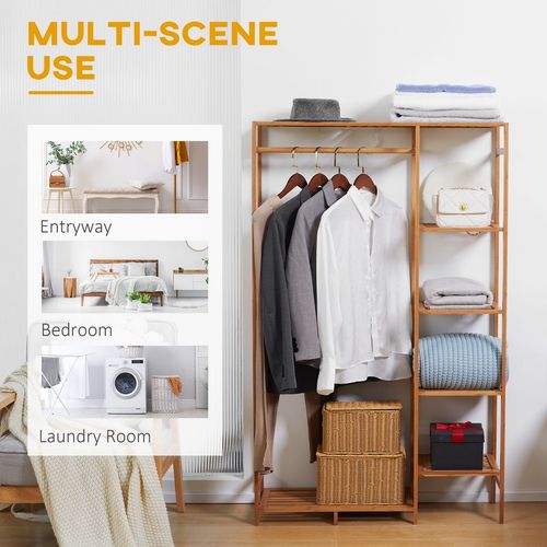 Bamboo Clothes Rail Garment Rack with 6 Tier Storage Shelf Hanging Rod