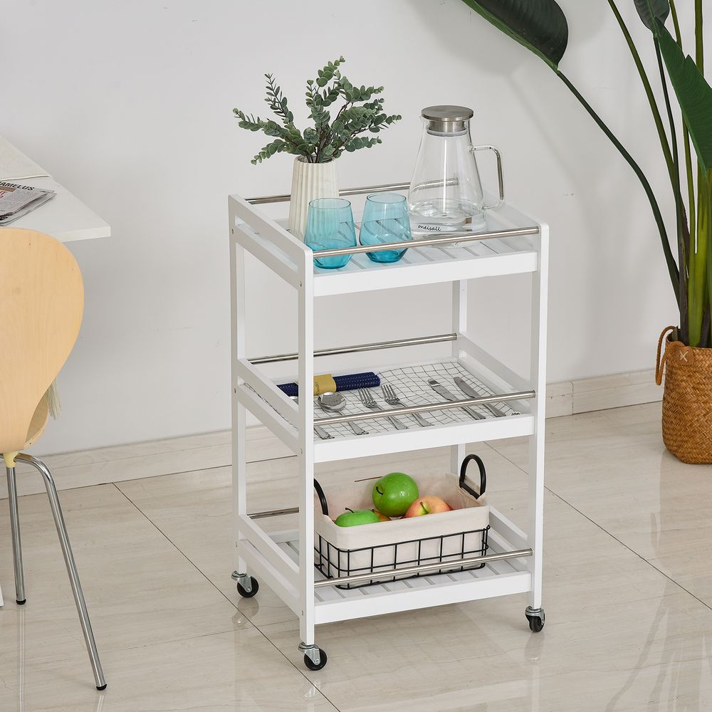 Pine Wood 3Tier Kitchen Trolley White