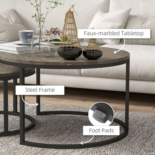 Stacking Coffee Table Set Steel Frame Marble - Effect Top - 2 Pcs