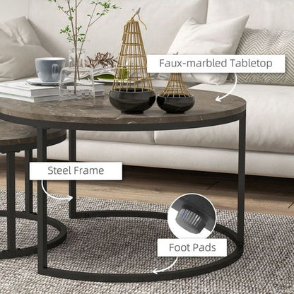 Stacking Coffee Table Set Steel Frame Marble - Effect Top - 2 Pcs