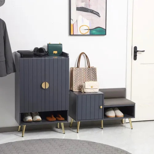 Shoe Bench with Storage Cabinet & Seating Cushion in Grey