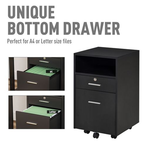 Mobile File Cabinet Lockable Documents Storage with 5 Wheels in Black