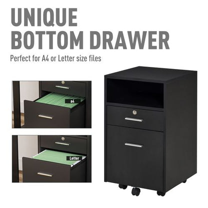 Mobile File Cabinet Lockable Documents Storage with 5 Wheels in Black