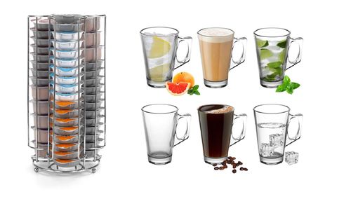 Latte Glasses 240ml - Set of 6 + Coffee Pod Stand