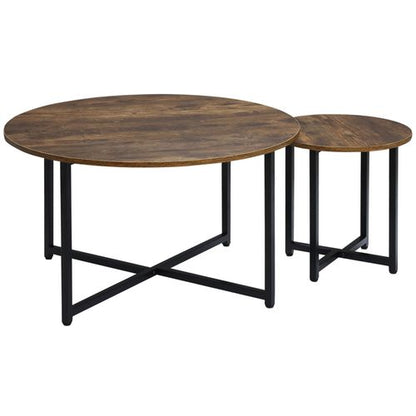 Round Coffee Table with Metal Frame Side Accent Brown - 2 Pcs