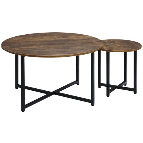 Round Coffee Table with Metal Frame Side Accent Brown - 2 Pcs