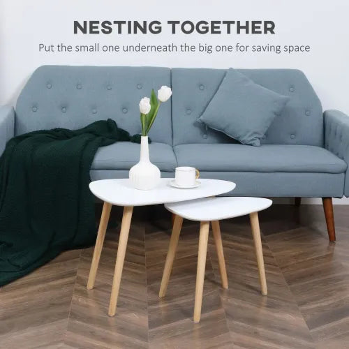 Side Table Nested Coffee Table with Solid Wood Legs in White - Set of 2