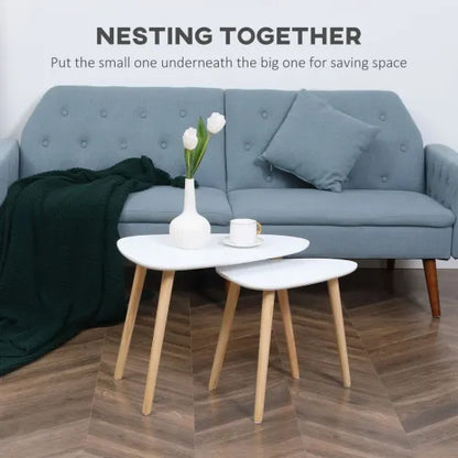 Side Table Nested Coffee Table with Solid Wood Legs in White - Set of 2