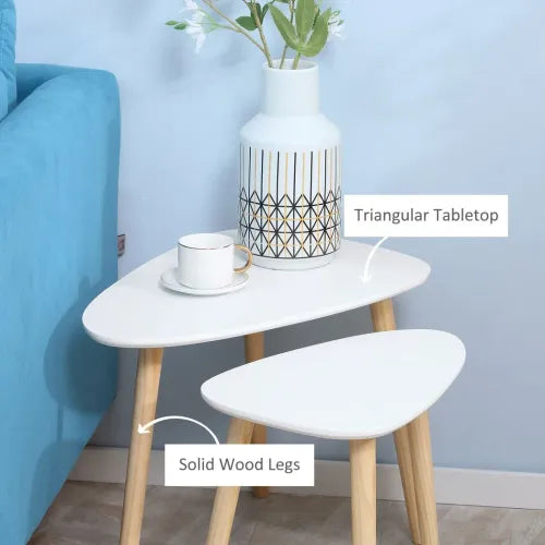 Side Table Nested Coffee Table with Solid Wood Legs in White - Set of 2