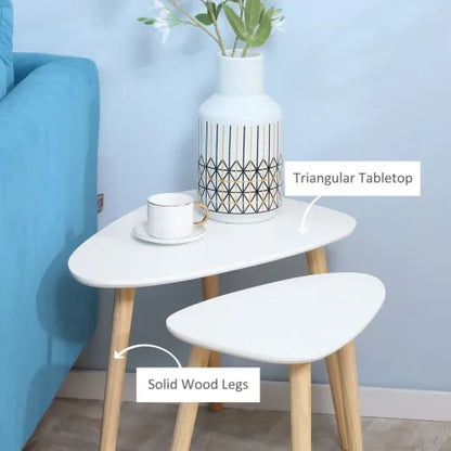 Side Table Nested Coffee Table with Solid Wood Legs in White - Set of 2
