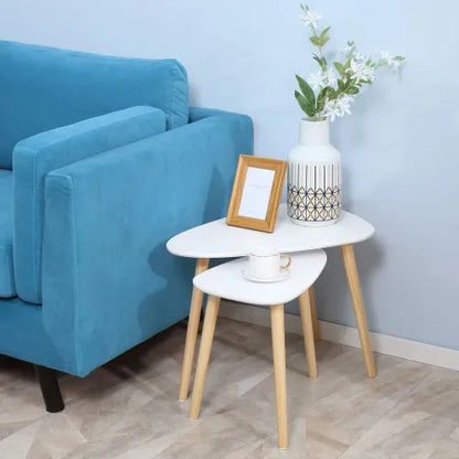 Side Table Nested Coffee Table with Solid Wood Legs in White - Set of 2