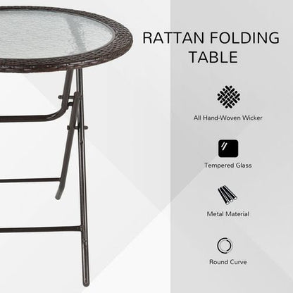 Folding Round Tempered Glass & Metal Table with Brown Rattan Edging
