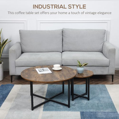 Round Coffee Table with Metal Frame Side Accent Brown - 2 Pcs
