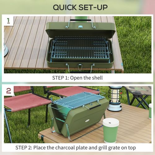 Portable BBQ Grill with Suitcase Design for Camping Picnic Party in Green