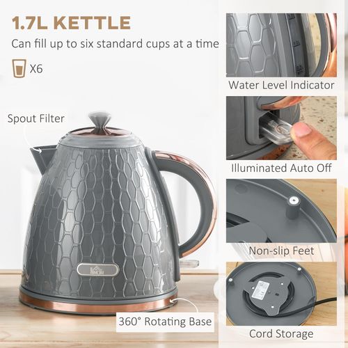 1.7L Kettle and Toaster Set with Defrost, Reheat and Crumb Tray in Grey