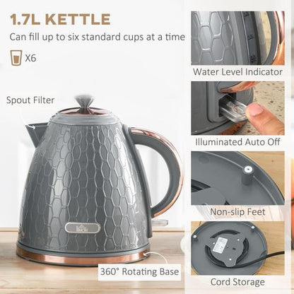 1.7L Kettle and Toaster Set with Defrost, Reheat and Crumb Tray in Grey