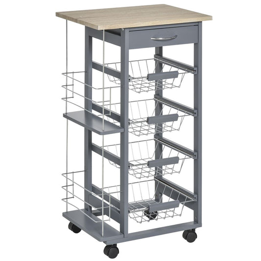Kitchen Island Trolley 4 Baskets 2 Side Racks Drawer Dark Grey