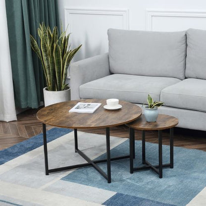 Round Coffee Table with Metal Frame Side Accent Brown - 2 Pcs