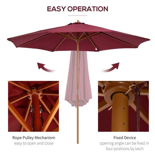 3m Wooden Garden Parasol, Sun Shade in Wine Red