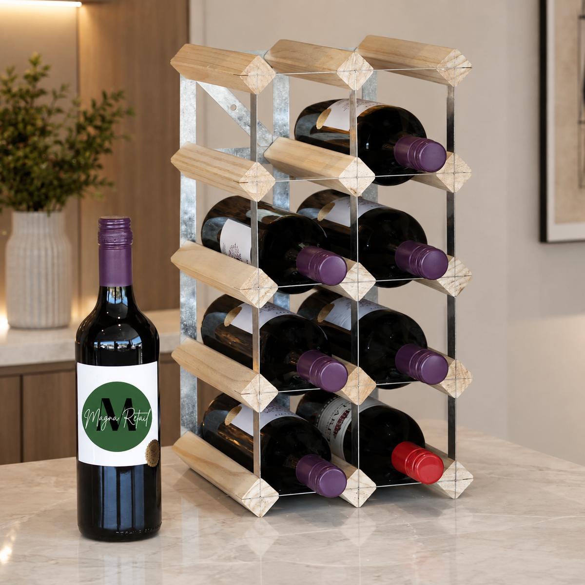 12 Bottle Wood & Metal Wine Rack (Natural Wood & Silver)
