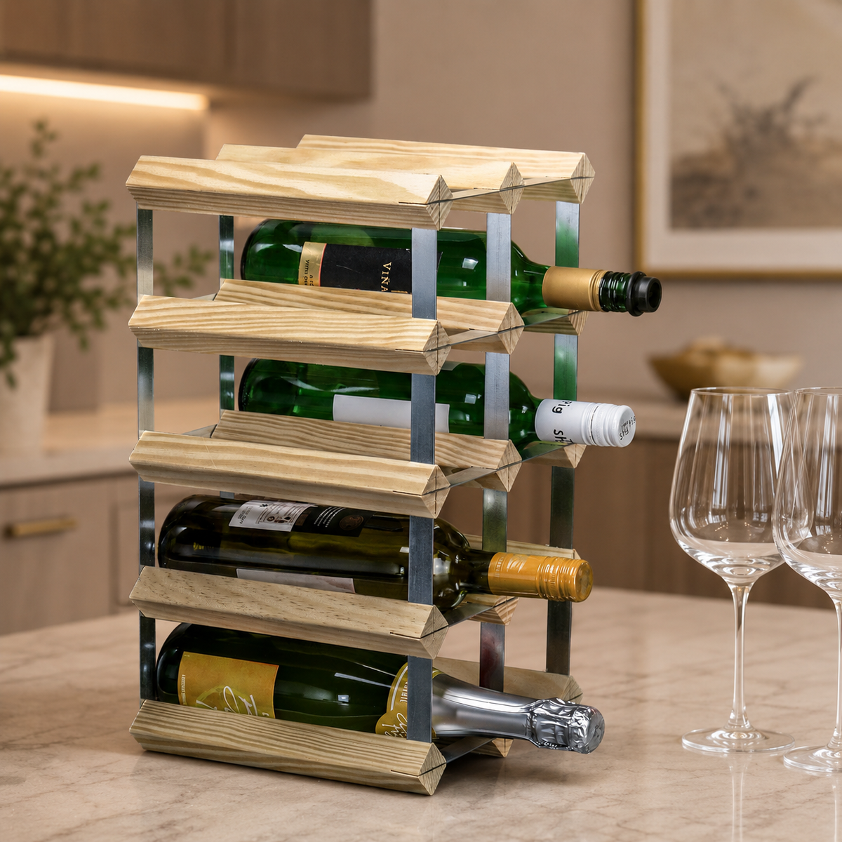 12 Bottle Wood & Metal Wine Rack (Natural Wood & Silver)