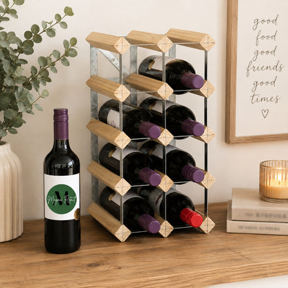 12 Bottle Wood & Metal Wine Rack (Natural Wood & Silver)