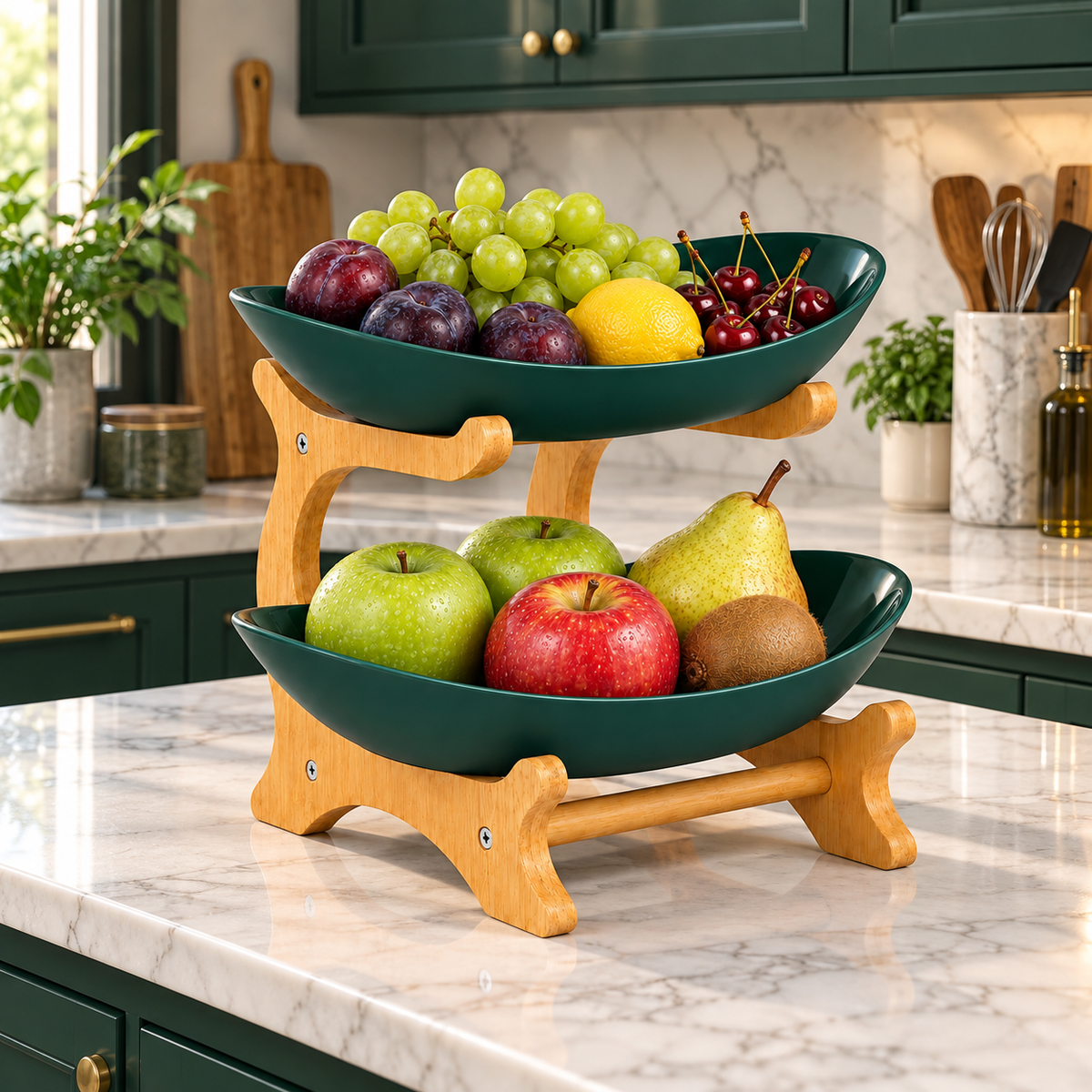 Bamboo 2-Tier Serving Platter Set - Dark Green